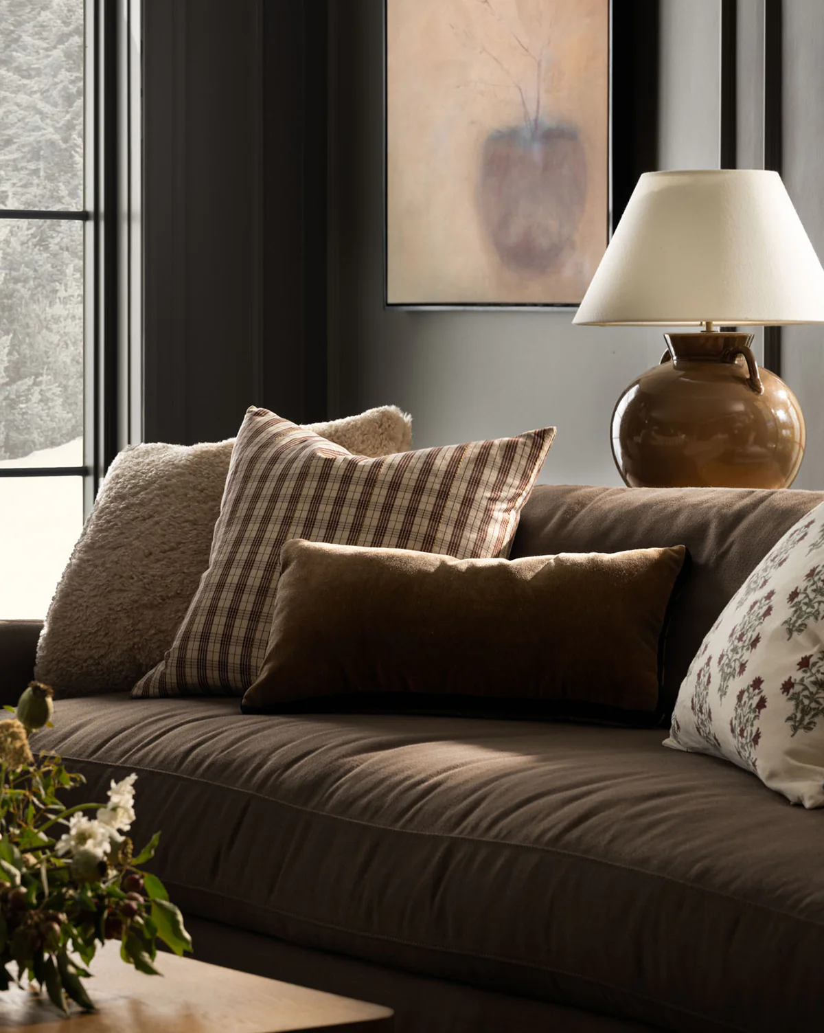 Brown Mohair Pillow with Velvet Stripe - Image 5